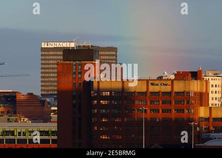 A partial rainbow over Leeds City Centre Stock Photo