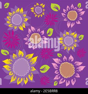 Flowers and Foliage Pattern - Sunflowers - Colorful Illustration Stock Vector