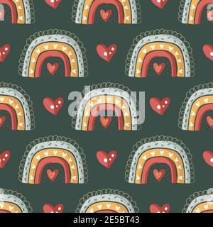 Baby shower cute rainbow seamless pattern with hearts on dark green. Modern kid illustrations. Nursery baby abstract art with childish elements. Stock Vector