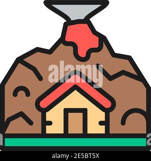 Volcano eruption, natural disaster, catastrophe flat color line icon. Stock Vector