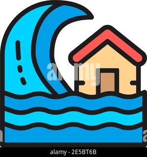 Vector tsunami, storm, flood disaster flat color line icon. Stock Vector