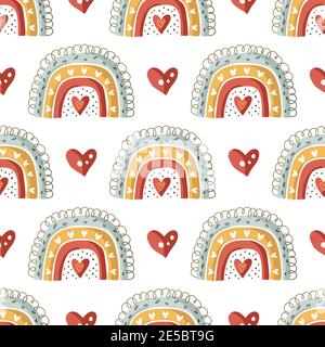 Ornate cute rainbow seamless pattern with hearts on white. Cute kid illustrations. Nursery baby abstract art with childish elements. Stock Vector
