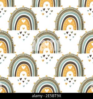 Ornate cute boho rainbow seamless pattern with hearts on white. Cute kid illustrations. Nursery baby abstract art with childish elements. Stock Vector