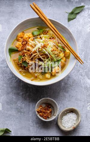 Indonesian laksa with prawns, bean sprouts and crispy shallots Stock Photo