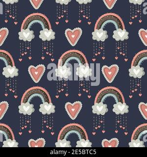 Ornate cute rainbow seamless pattern with hearts and cloud on dark blue. Scandinavian kid illustrations with heart beads. Nursery baby abstract art with childish elements. Stock Vector