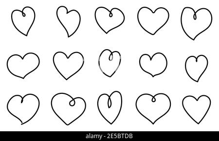 Set of hand drawn hearts line icons. Trendy line art style. Isolated on white background Stock Vector