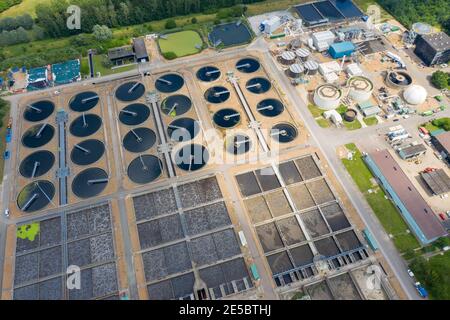Aerial photo of a waste water recycling complex located in the town of Milton Keynes in the UK Stock Photo