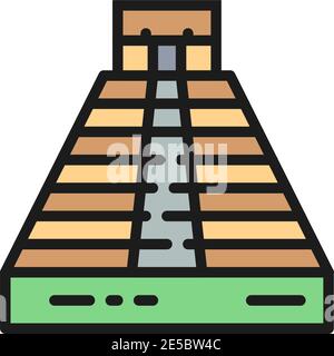 Chichen Itza, Pyramid of Kukulkan, Tulum, Teotihuacan flat color line icon. Stock Vector