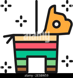 Mexican pinata horse with confetti and candy flat color line icon. Stock Vector