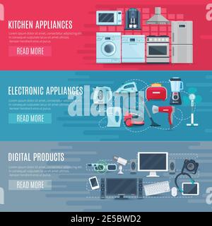 Flat horizontal household banners set of kitchen equipment electronic appliances and digital products vector illustration Stock Vector