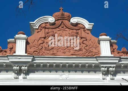 decorative pediment in terracotta of History Museum (Sutu palace) in Bucharest, Romania Stock Photo