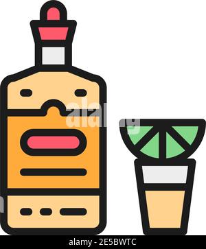 Tequila, alcohol, hot drink with lemon flat color line icon. Stock Vector