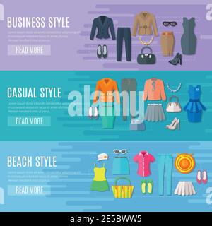 Fashion styles collection banners set of business beach and casual woman clothes flat vector illustration Stock Vector