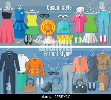 Woman clothes horizontal banners set of collection in formal and casual fashion styles vector illustration Stock Vector