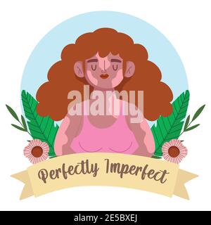 Perfectly imperfect woman with vitiligo cartoon portrait, flower decoration vector illustration Stock Vector