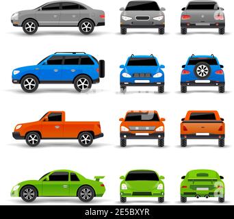 Cars side front and back icons set isolated vector illustration Stock Vector