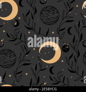 Star, moon and planet space seamless pattern. Vector galaxy background with floral cosmic graphic. Planet night sky illustration. Stock Vector