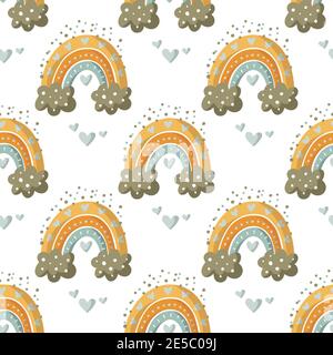 Rainbow seamless pattern with hearts and clouds. Cute kid illustrations. Nursery baby abstract art with childish elements. Childish art. Stock Vector