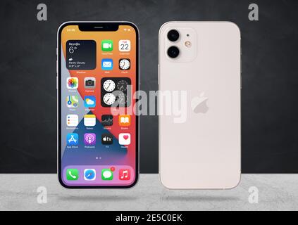 Antalya, Turkey - January 25, 2021: Apple iPhone 12 front blank screen and back side of the phone. Stock Photo