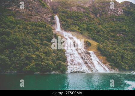 The Bridegroom waterfall. Friaren, Skageflafossen, Geitfossen, Geirangerfjord, Norway Stock Photo