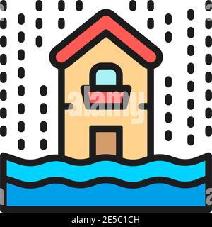 Rain, flooding, catastrophe, natural disaster flat color line icon. Stock Vector