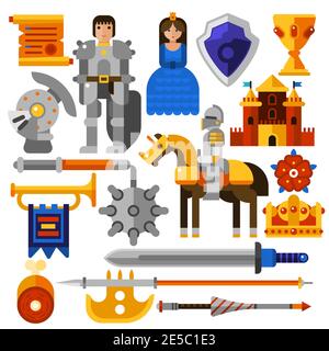 Flat icons set with knight princess castle medieval weapons and other elements isolated vector illustration Stock Vector