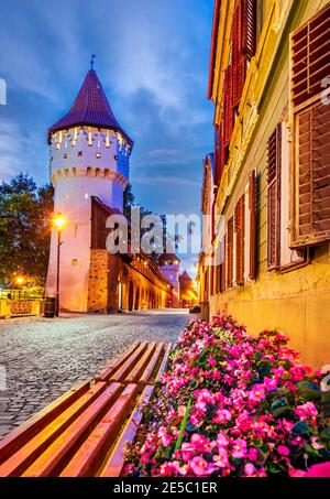 Sibiu, Romania. Medieval old town and The Carpenters Tower in Transylvania historical Eastern Europe Stock Photo