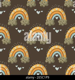Hand drawn scandinavian cartoon rainbow seamless pattern with hearts and clouds on dark. Cute kid illustrations. Nursery baby abstract art with love childish elements. Cartoon print. Stock Vector