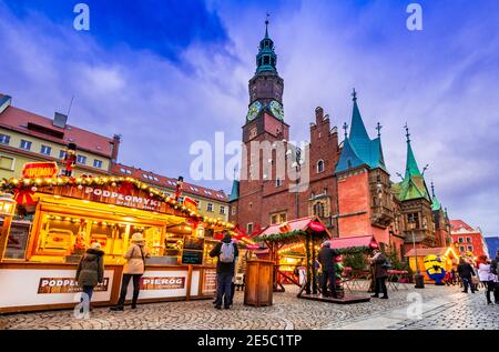 Wroclaw, Poland - December 2019:  Winter traveling background with famous Christmas Market of Europe. Stock Photo