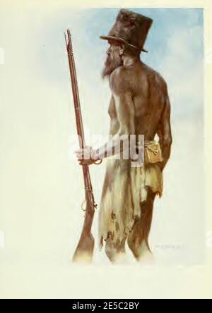 Artwork by Norman Hardy showing a native of New Guinea with a western style top hat and gun in hand. Picture is from the early 1900's Stock Photo