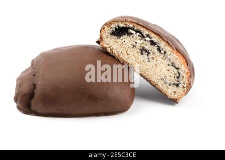Chocolate glazed poppy seed bun and half bun on a white background. Close up. Copy space. Stock Photo