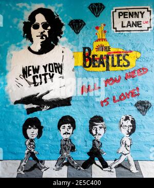The Beatles wall art, by an unknown artist can be seen in Skipton North Yorkshire, 2020 Stock Photo