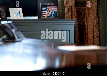 A photo of U.S. Vice President Kamala Harris and Second Gentleman Doug Emhoff is displayed in the ceremonial office of the Vice President following a swearing-in ceremony for Antony Blinken, U.S. secretary of state, at the White House in Washington, DC on Wednesday, January 27, 2021. The Senate yesterday confirmed Blinken, giving one of President Biden's longest-serving aides the task of resuming nuclear negotiations with Iran and restoring trust with allies shaken by four years of the Trump administration. Photo by Stefani Reynolds/UPI Stock Photo