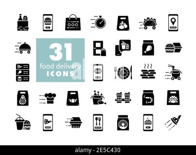 Fast food delivery vector glyph icons set. Graph symbol for cooking web site and apps design, logo, app, UI Stock Vector