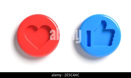 A red like button with an engraved heart and a blue thumbs up button isolated on white. Social Media Concept Stock Photo