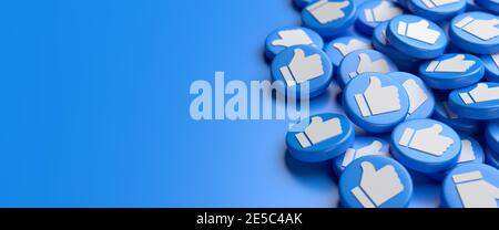 Many like buttons with white thumbs up on blue on a heap. Social Media ...