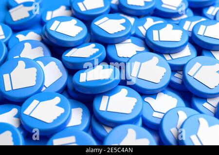 Many like buttons with white thumbs up on blue on a heap. Social Media ...