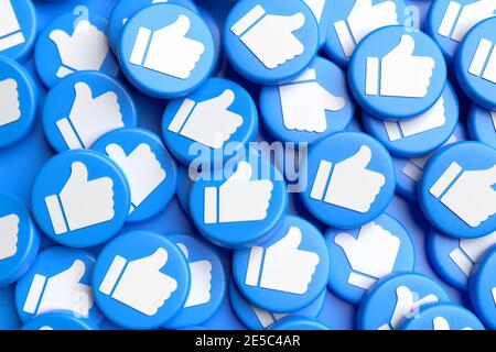 Many like buttons with white thumbs up on blue on a heap. Social Media ...