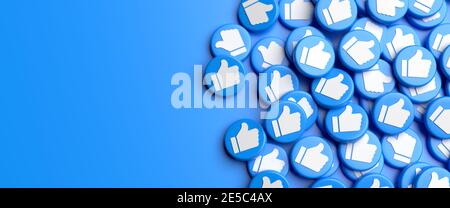 Many like buttons with white thumbs up on blue on a heap. Social Media ...