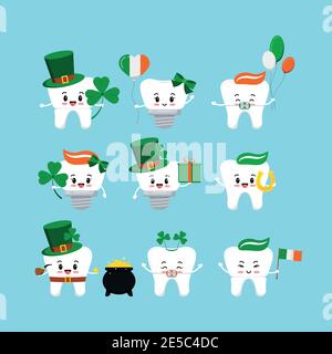 St Patrick cute teeth icon set isolated. Stock Vector