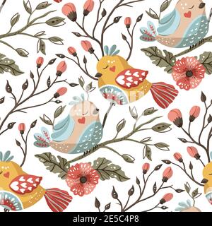 Bird and flower detailed kid seamless vector pattern. Floral ornate folk art cartoon wallpaper ornament. Birds on a branch. Stock Vector