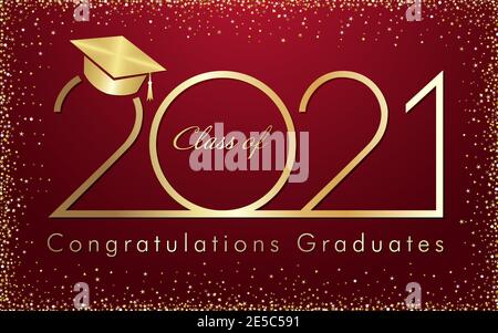 Class of 2021 year graduation banner, awards badge concept. Shiny sign, happy holiday invitation card, golden digits. Isolated abstract graphic design Stock Vector