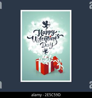Happy Valentine's day greeting card - love day vector card or poster with red gift box and cupids in the clouds. Vector illustration Stock Vector