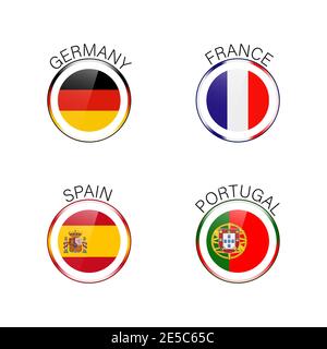 A set of 4 icons of European countries with a caption. Germany, France, Spain and Portugal. Stock Vector