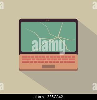 Flat vector laptop with crack on the screen and shadow. Stock Vector