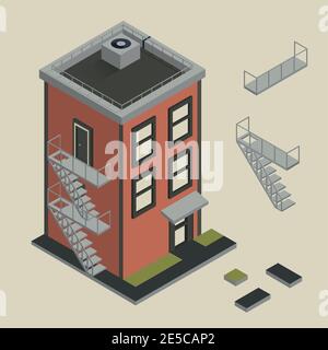 Isometric vector illustration of 3 floor living house from red bricks. Set of road elements adjacent to the house. Block. Fire escape. Stairs. Sidewal Stock Vector