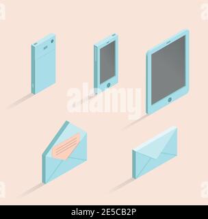 Vector isometric illustrations of phone, mobile tablet, opened and closed envelope. Set of isometric icons. Stock Vector