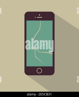 Flat vector illustration of phone with cracked screen and shadow. Stock Vector