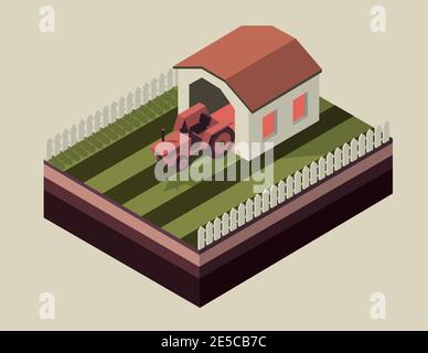 Isometric vector element of farm with tractor. Stock Vector