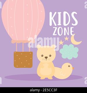 kids zone lettering and set of cute icons on a purple background Stock Vector